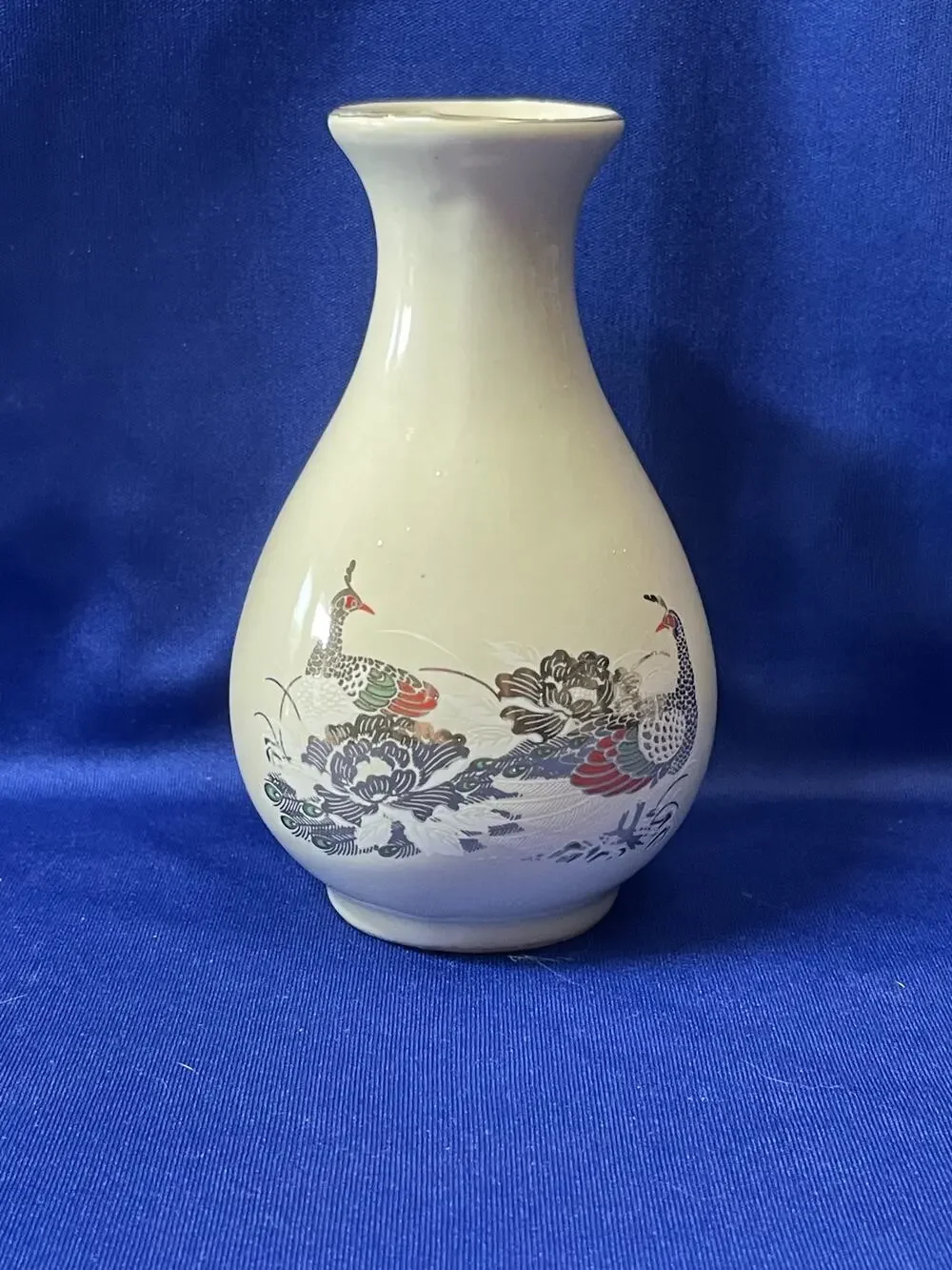 Cream Color Porcelain Bud Vase Accented Gold Peacocks